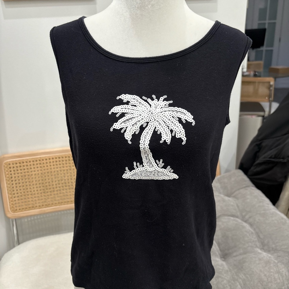 Black Tank Top with Sequin Palm Tree